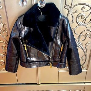 Imoga Girl’s Shiny Coated Faux Shearling Moto Jacket Size 4.